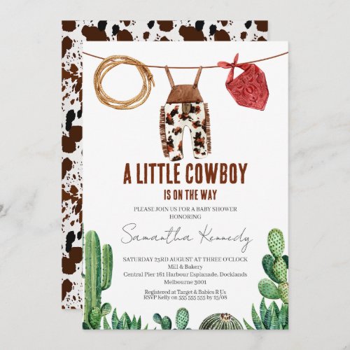 Cow Print Rustic Little Cowboy Baby Shower Invitation