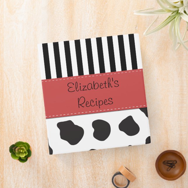 Cow Print, Stripes, Black and White, Your Name 3 Ring Binder (In Situ)