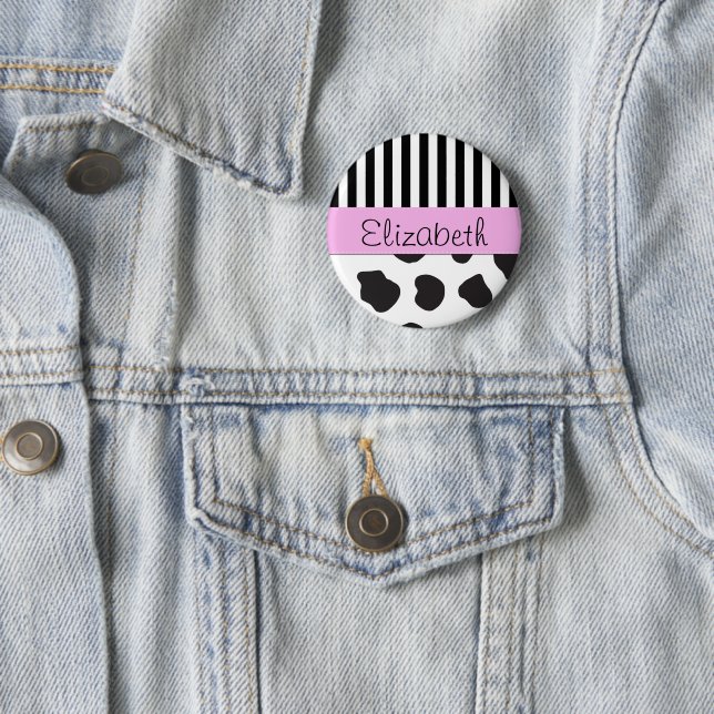 Cow Print, Stripes, Black and White, Your Name Pinback Button (In Situ)