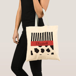 Cow Print, Stripes, Black and White, Your Name Tote Bag