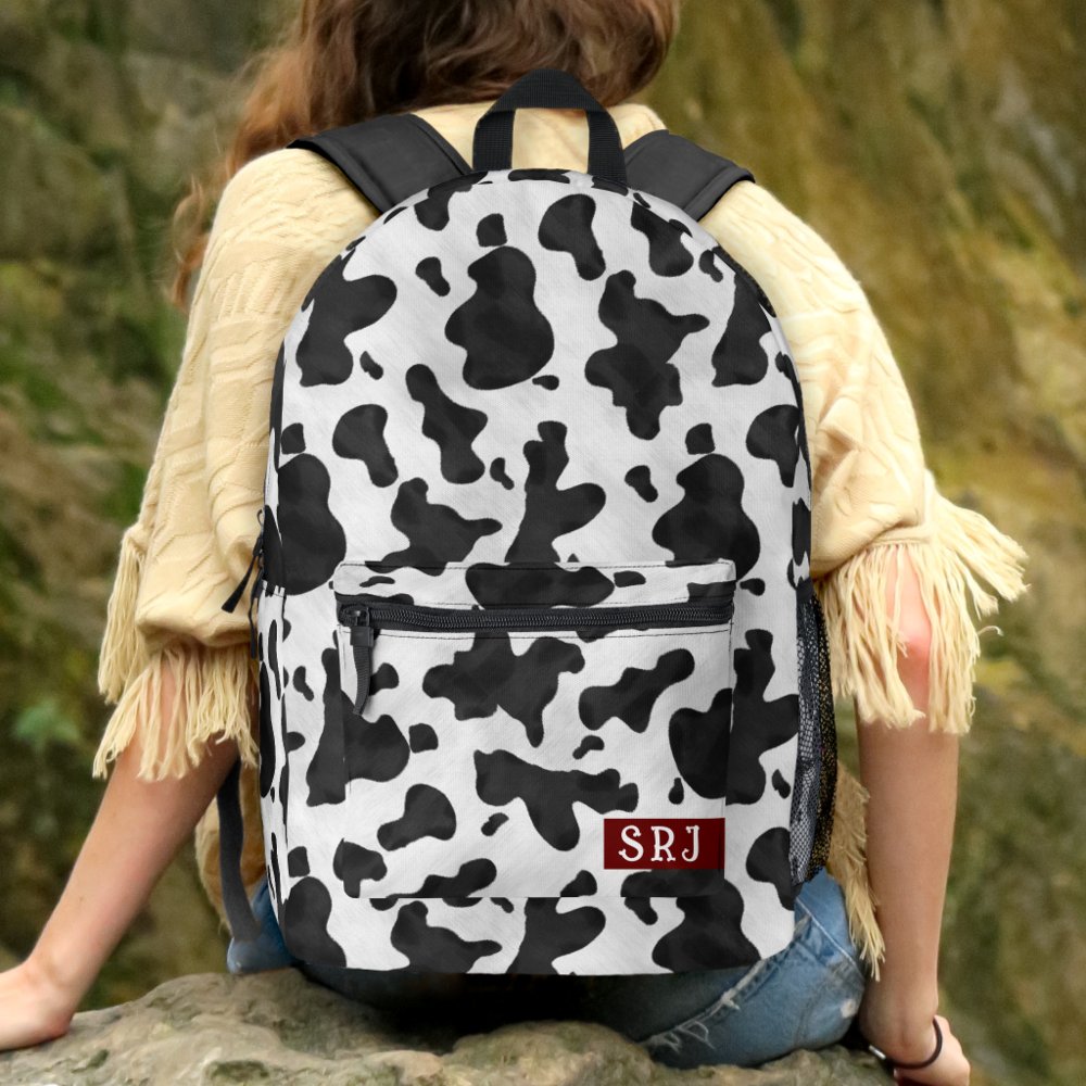 Cow Print Western Animal Spots Pattern Monogrammed Custom Name Printed Backpack