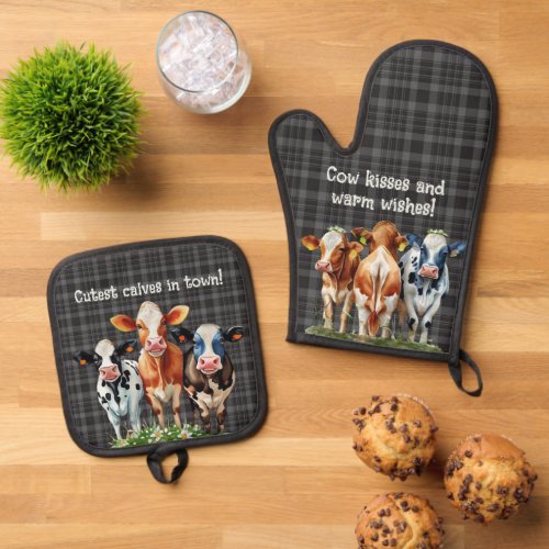 Cow Quotes on Black Plaid Oven Mitt  Pot Holder Set