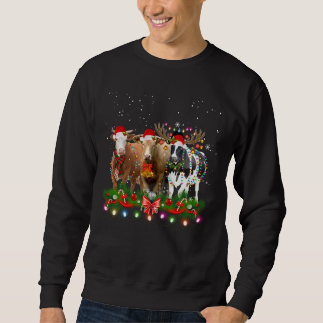 Cow Reindeer Hat Santa Christmas Light Funny Cow C Sweatshirt (Front)
