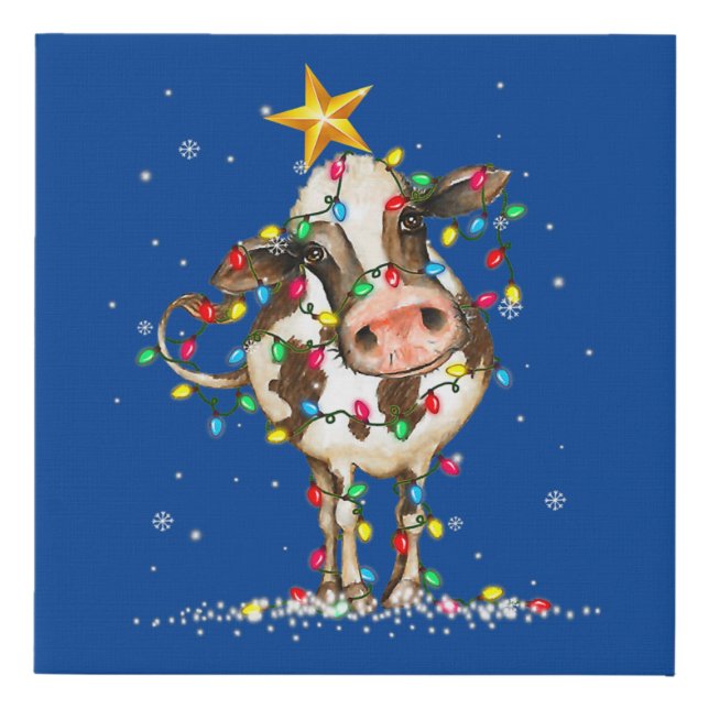 Cow Reindeer Hat Santa Christmas Lights Funny Cow  Faux Canvas Print (Front)
