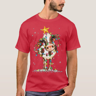 Cow Reindeer Hat Santa Christmas Lights Funny Cow  T-Shirt