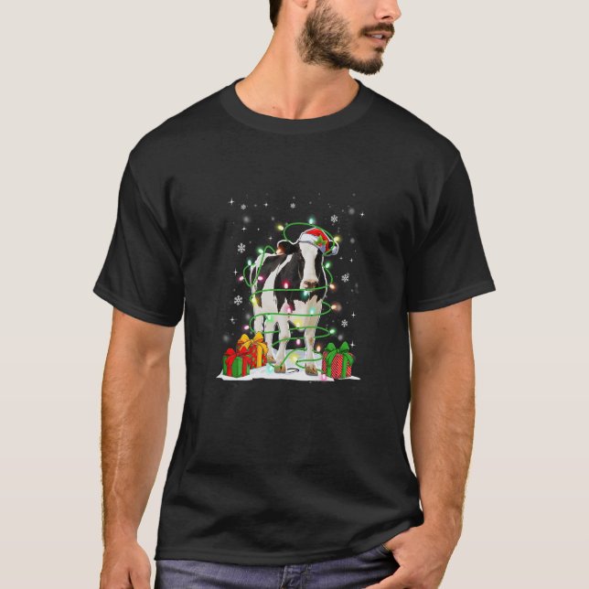 Cow Reindeer Hat Santa Christmas Lights Funny Cow  T-Shirt (Front)