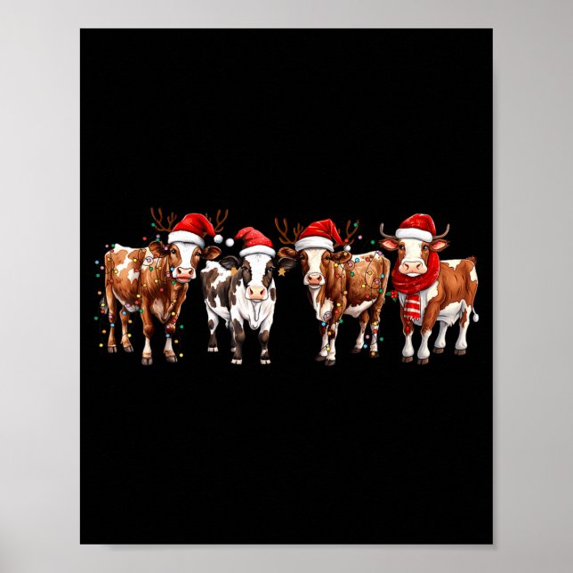 Cow Reindeer Santa Hat Christmas Light Funny Cows  Poster (Front)