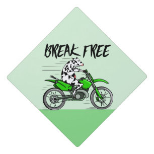 Cow riding a bright green motorcycle graduation cap topper