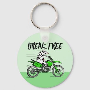 Cow riding a green motor cross bike keychain