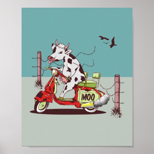 Cow riding a moped poster