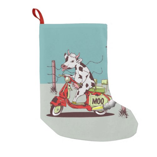 Cow riding a moped small christmas stocking