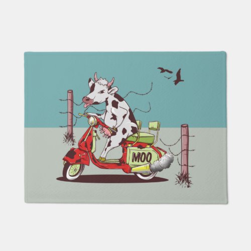 Cow riding a retro moped doormat