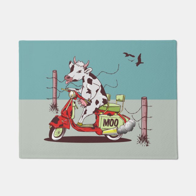 Cow riding a retro moped doormat (Front)