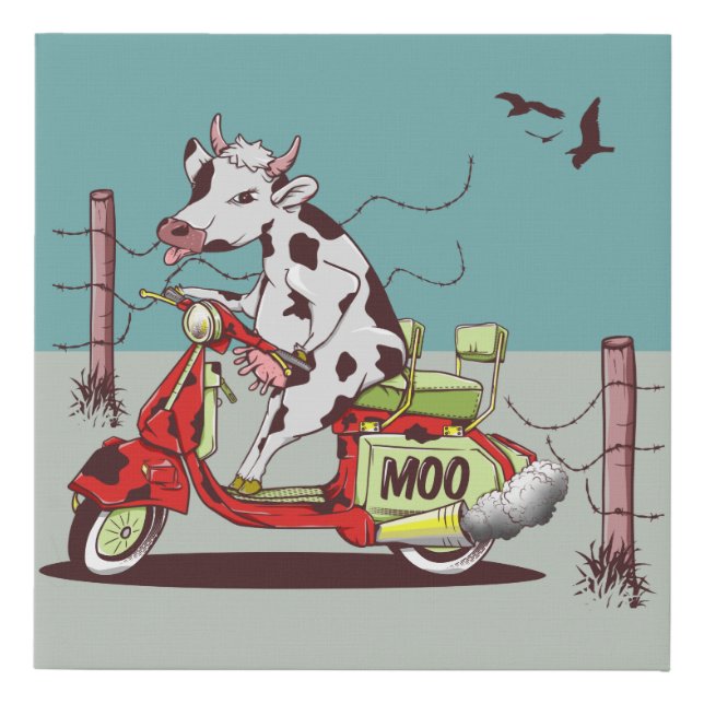 Cow riding a retro moped faux canvas print (Front)