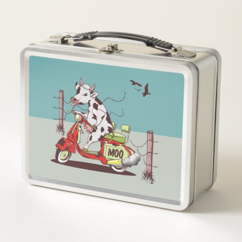 Cow riding a retro moped metal lunch box