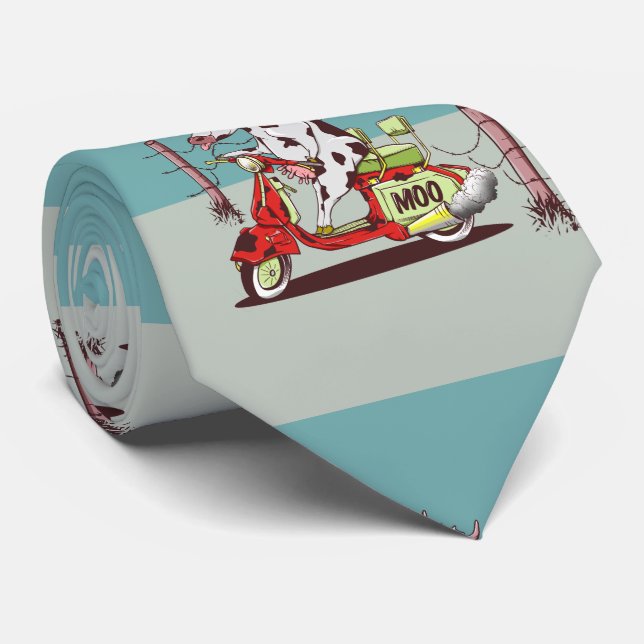 Cow riding a retro moped neck tie (Rolled)