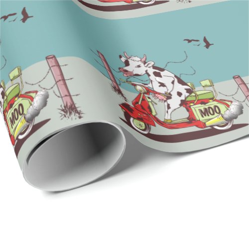 Cow riding a retro moped wrapping paper