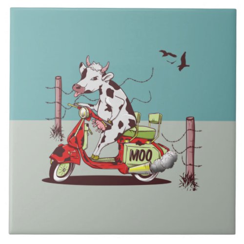 Cow riding a retro motorcycle ceramic tile