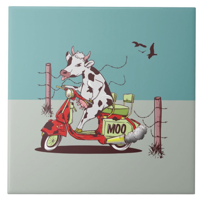Cow riding a retro motorcycle ceramic tile (Front)