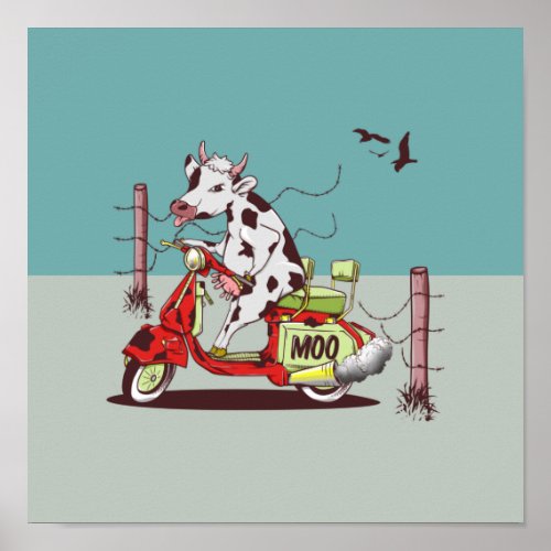 Cow riding a retro motorcycle poster