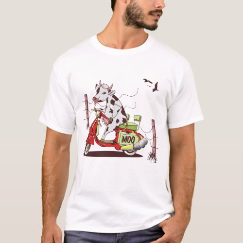 Cow riding a retro motorcycle T_Shirt