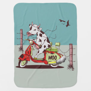 Cow riding a vintage motorcylce baby blanket