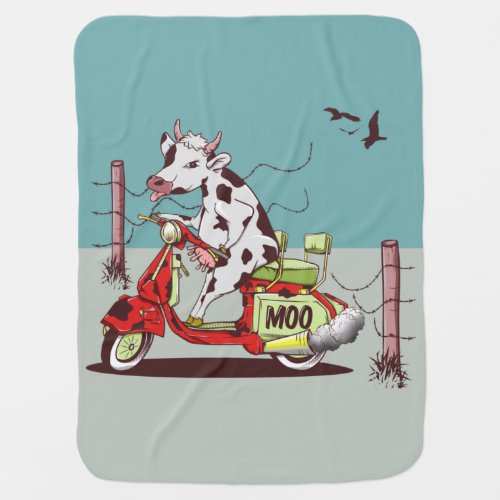 Cow riding a vintage motorcylce baby blanket