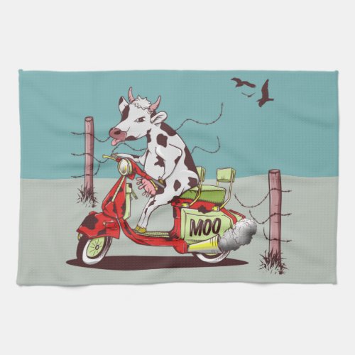 Cow riding a vintage motorcylce kitchen towel