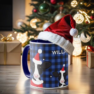 Cow Santa Blue Plaid Name Farm Animal Christmas Mug