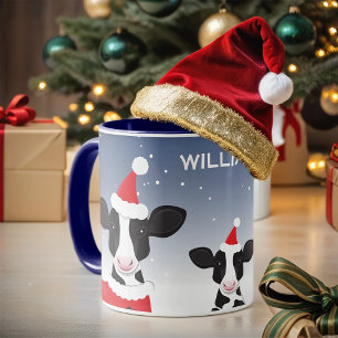 Cow Santa Blue White Name Farm Animal Christmas Mug