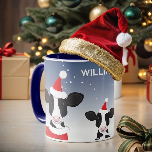 Cow Santa Blue White Name Farm Animal Christmas Mug