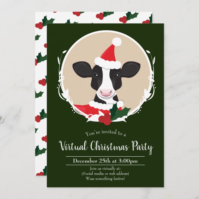 Cow Santa Green White Virtual Christmas Party Invitation (Front/Back)