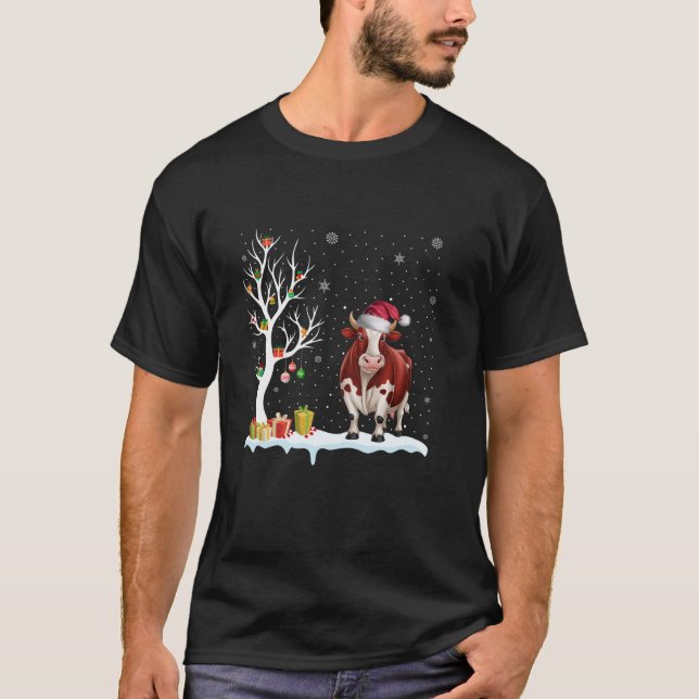 Cow Santa Hat Festive Tree Light Christmas Pajama T-Shirt (Front)