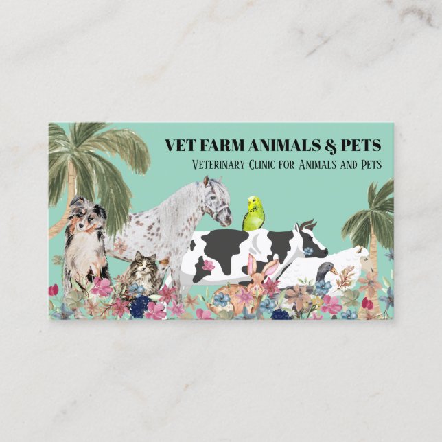 Cow Sheep Dog Cat Bird Rabbit Duck green Palm Business Card (Front)