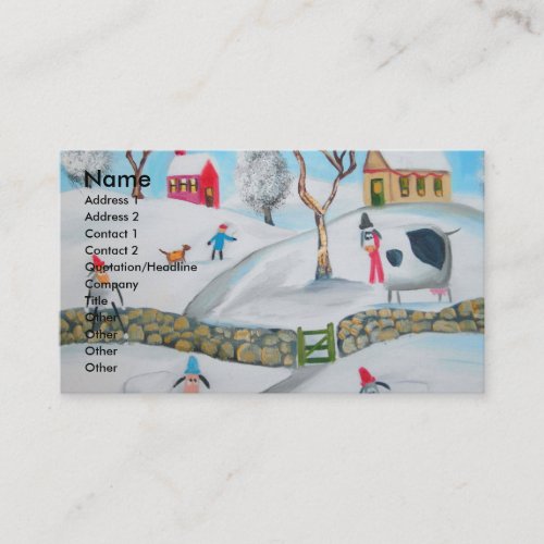 cow sheep winter snow scene naive folk art business card template