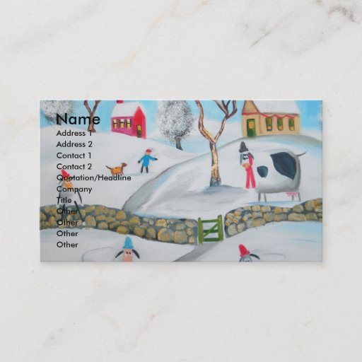 Customizable cow sheep winter snow scene naive folk art business card template