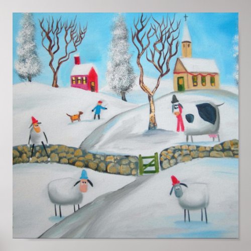 cow sheep winter snow scene naive folk art poster