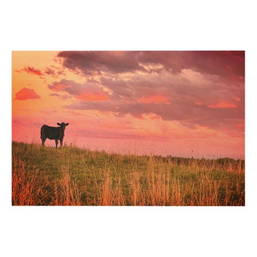 Cow Silhouette at Sunset Wood Wall Art