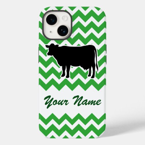 Cow Silhouette with Green Chevron Pattern Case_Mate iPhone 14 Case