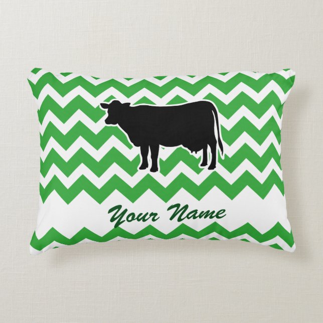 Cow Silhouette with Green Chevron Pattern Decorative Pillow (Front)