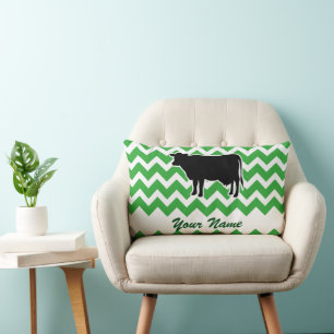 Cow Silhouette with Green Chevron Pattern Lumbar Pillow