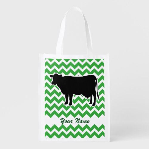 Cow Silhouette with Green Chevron Pattern Reusable Grocery Bag