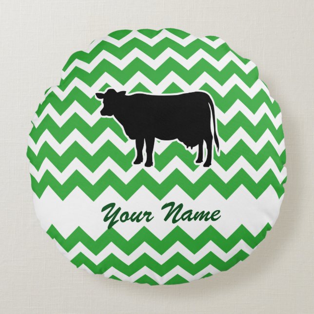 Cow Silhouette with Green Chevron Pattern Round Pillow (Front)