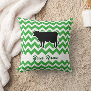 Cow Silhouette with Green Chevron Pattern Throw Pillow