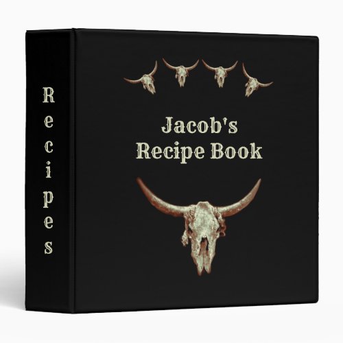 Cow Skull Black Western Rustic Country Recipe 3 Ring Binder