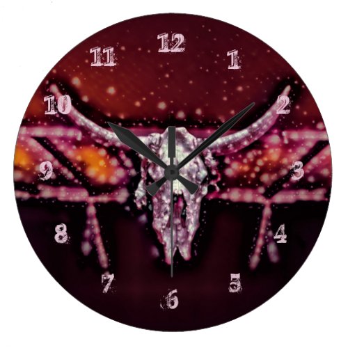 Cow Skull Boho Chic Pink Tribal Western Girly Large Clock