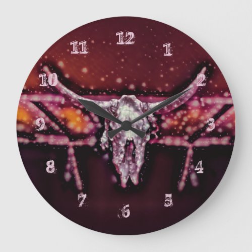 Cow Skull Boho Chic Pink Tribal Western Girly Large Clock