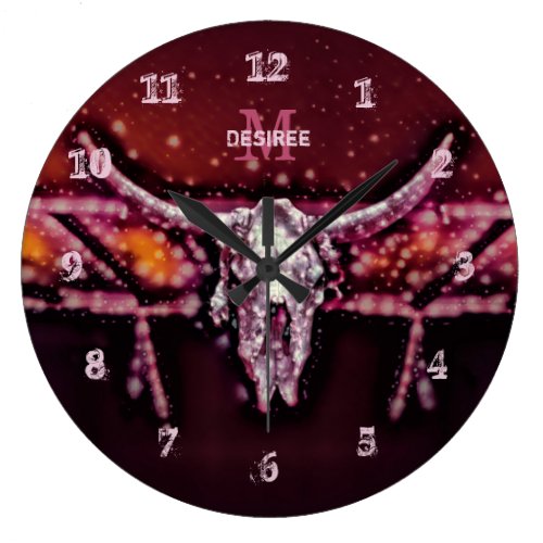 Cow Skull Boho Chic Pink Tribal Western Monogram Large Clock