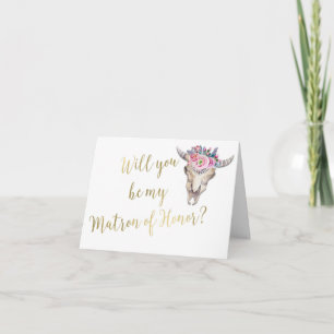 Cow Skull Boho Wedding Gold Matron of Honor Letterpress Thank You Card