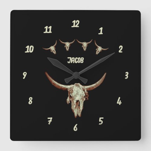 Cow Skull Brown Black Western Country Rustic Style Square Wall Clock